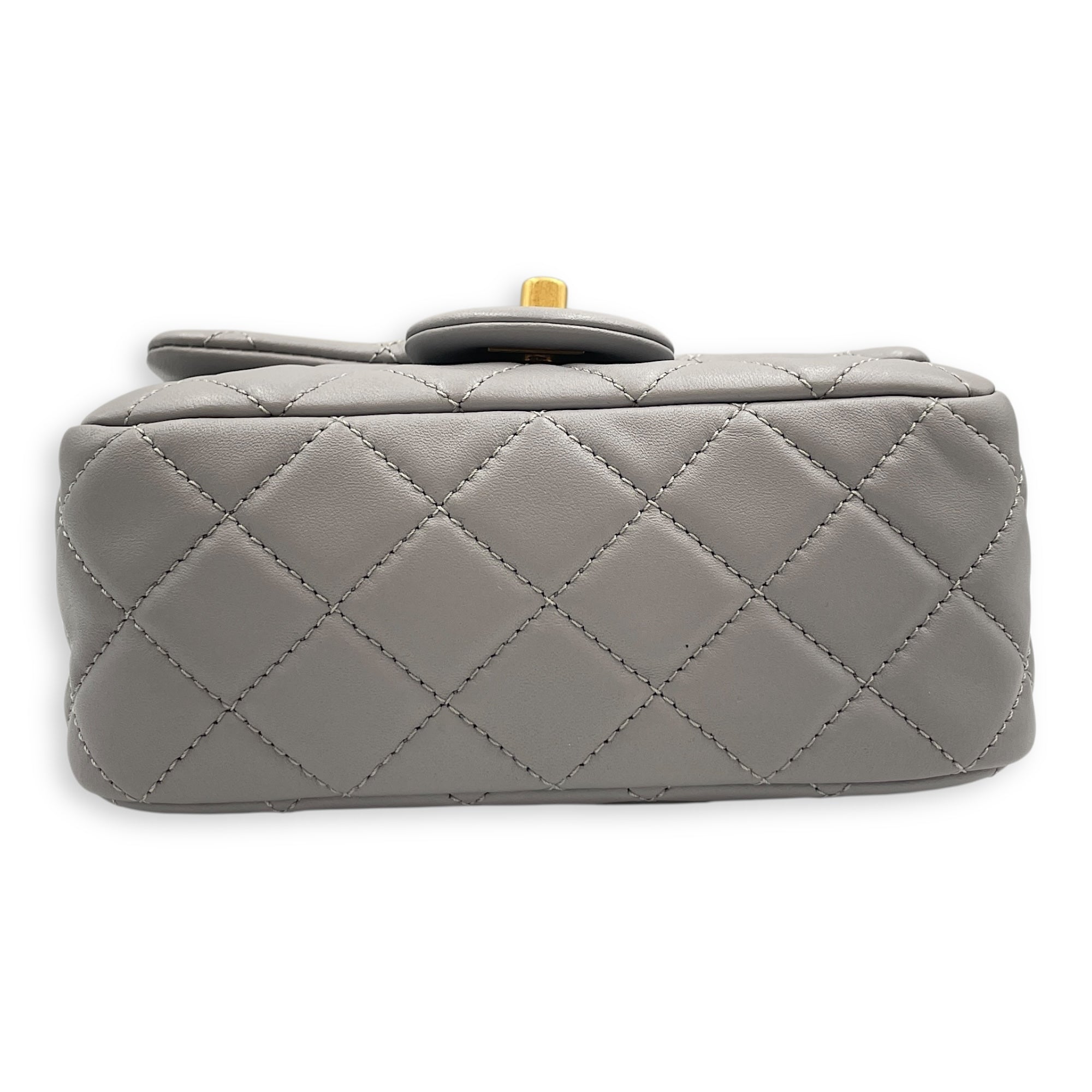 Quilted Pearl Crush Square Mini Grey Flap Bag with Adjustable Chain Strap in Lambskin, Brushed Gold hardware