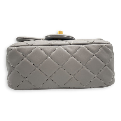 Quilted Pearl Crush Square Mini Grey Flap Bag with Adjustable Chain Strap in Lambskin, Brushed Gold hardware