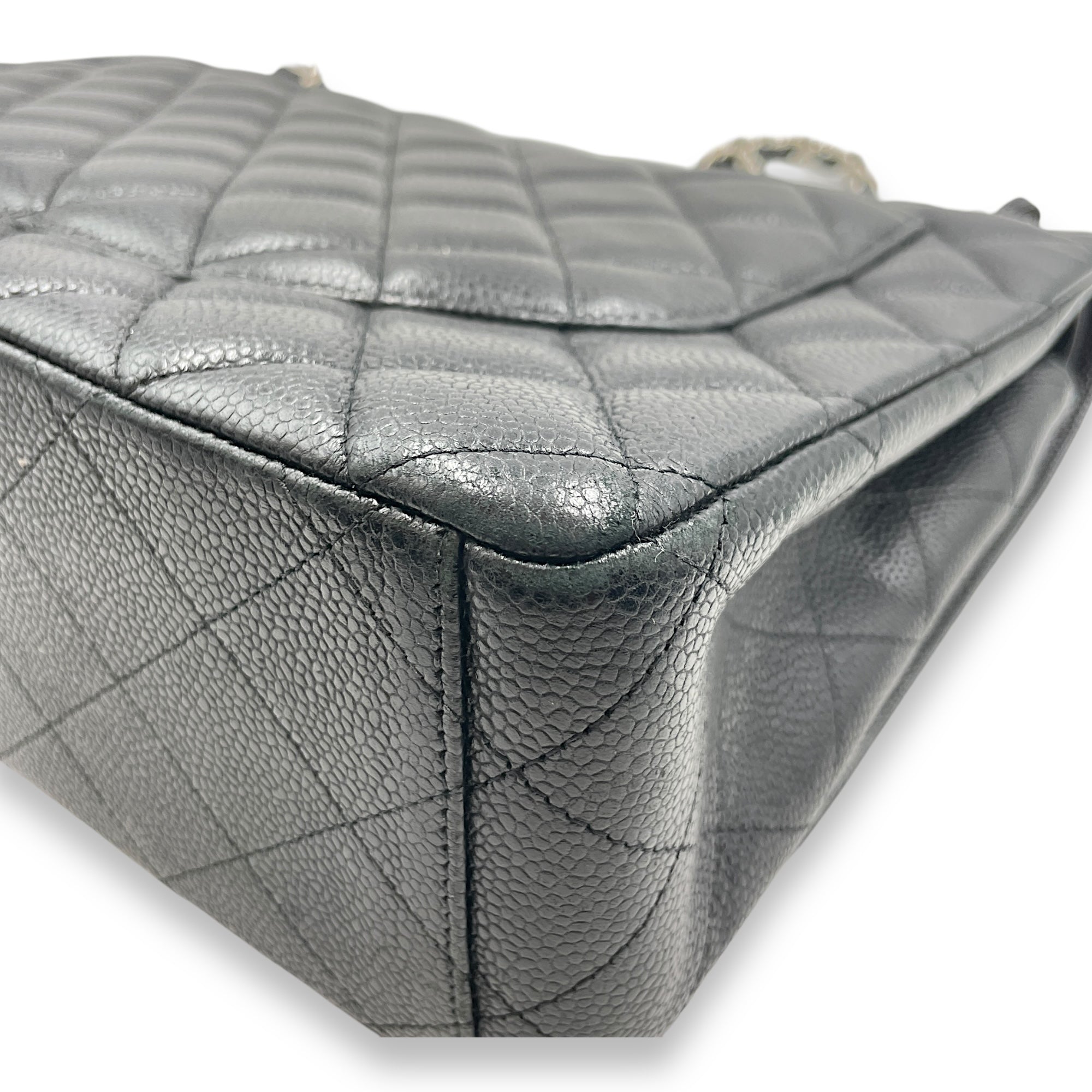 Quilted CC Classic Maxi Black Double Flap Bag in Caviar Leather, Silver hardware