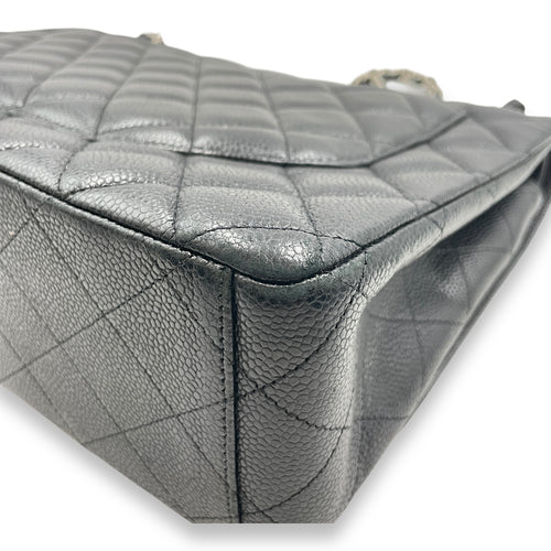 Quilted CC Classic Maxi Black Double Flap Bag in Caviar Leather, Silver hardware