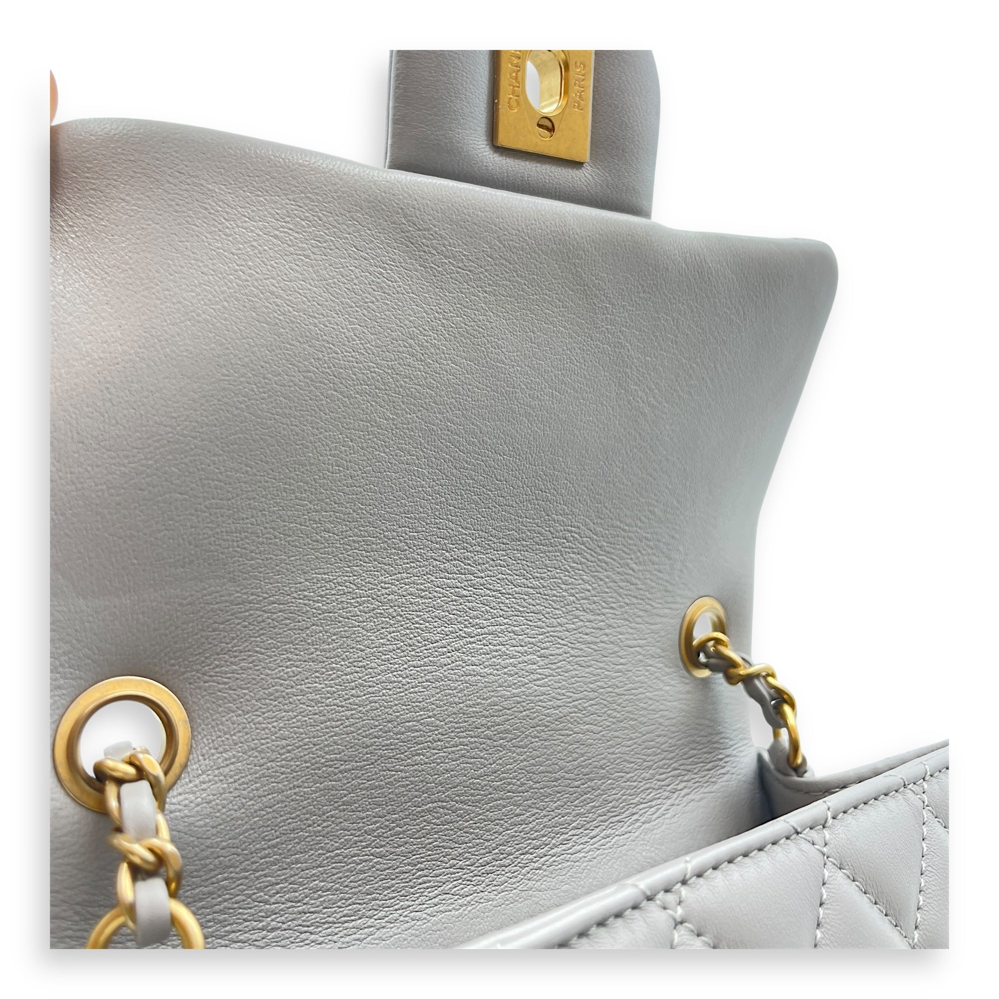 Quilted Pearl Crush Square Mini Grey Flap Bag with Adjustable Chain Strap in Lambskin, Brushed Gold hardware