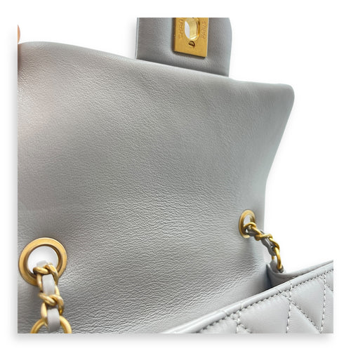 Quilted Pearl Crush Square Mini Grey Flap Bag with Adjustable Chain Strap in Lambskin, Brushed Gold hardware