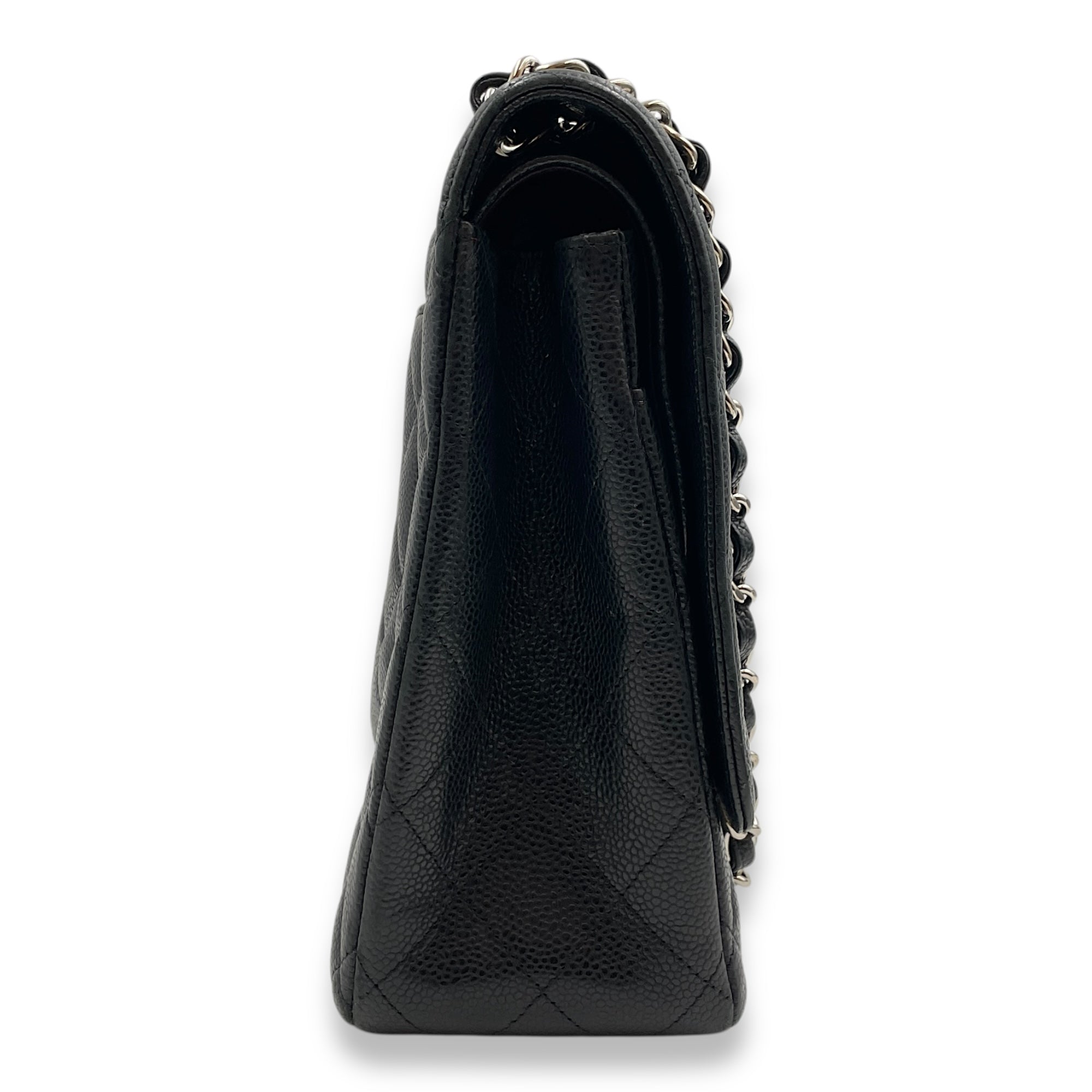 Quilted CC Classic Maxi Black Double Flap Bag in Caviar Leather, Silver hardware