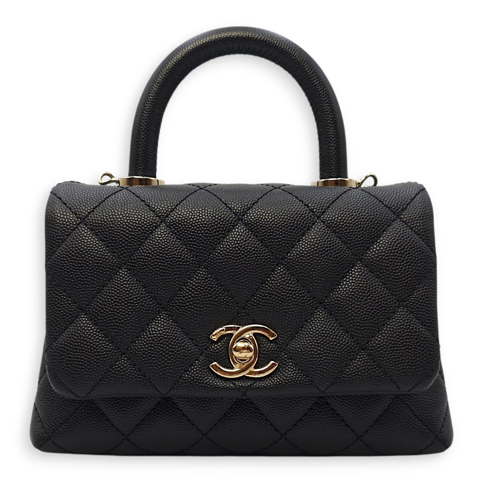 Quilted Coco Handle Mini Black Shoulder Bag in Caviar Leather, Gold hardware