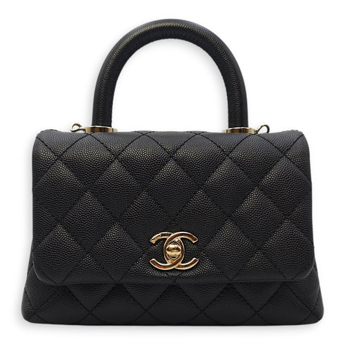 Quilted Coco Handle Mini Black Shoulder Bag in Caviar Leather, Gold hardware