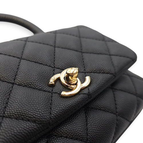 Quilted Coco Handle Mini Black Shoulder Bag in Caviar Leather, Gold hardware