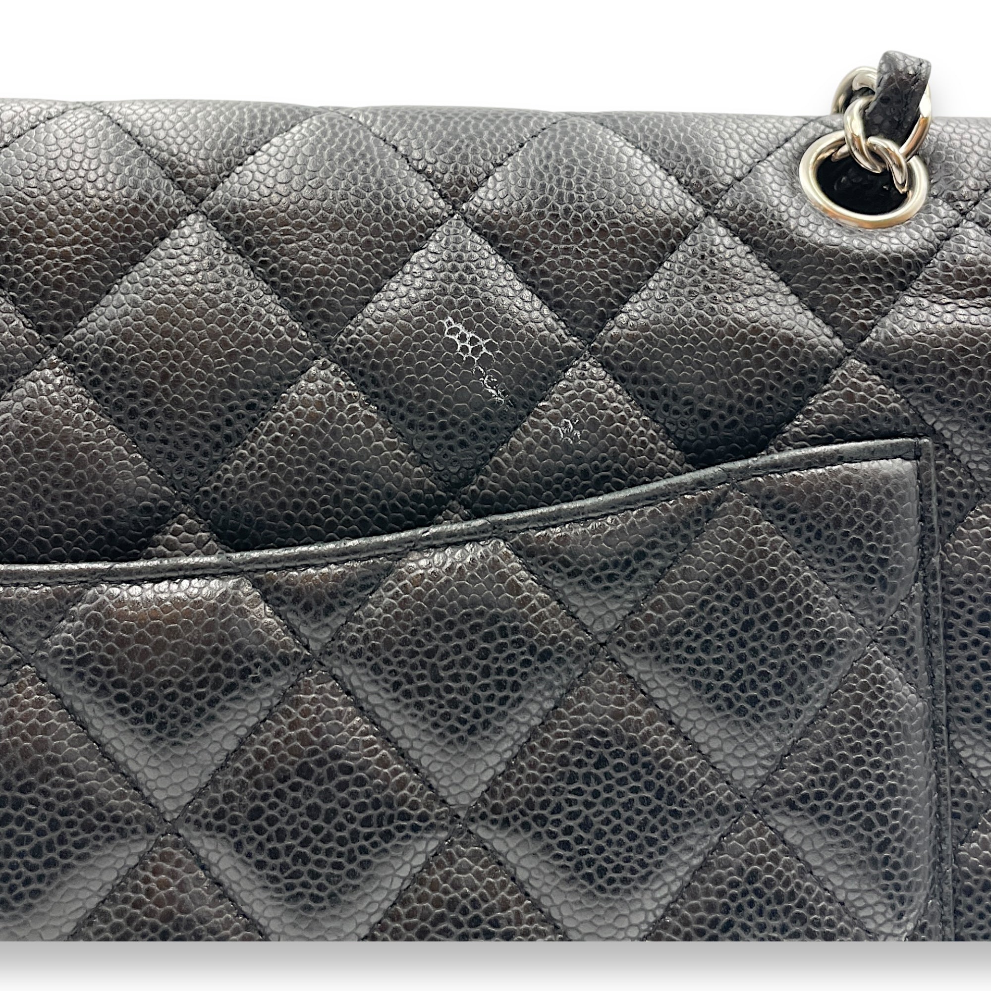 Quilted CC Classic Maxi Black Double Flap Bag in Caviar Leather, Silver hardware