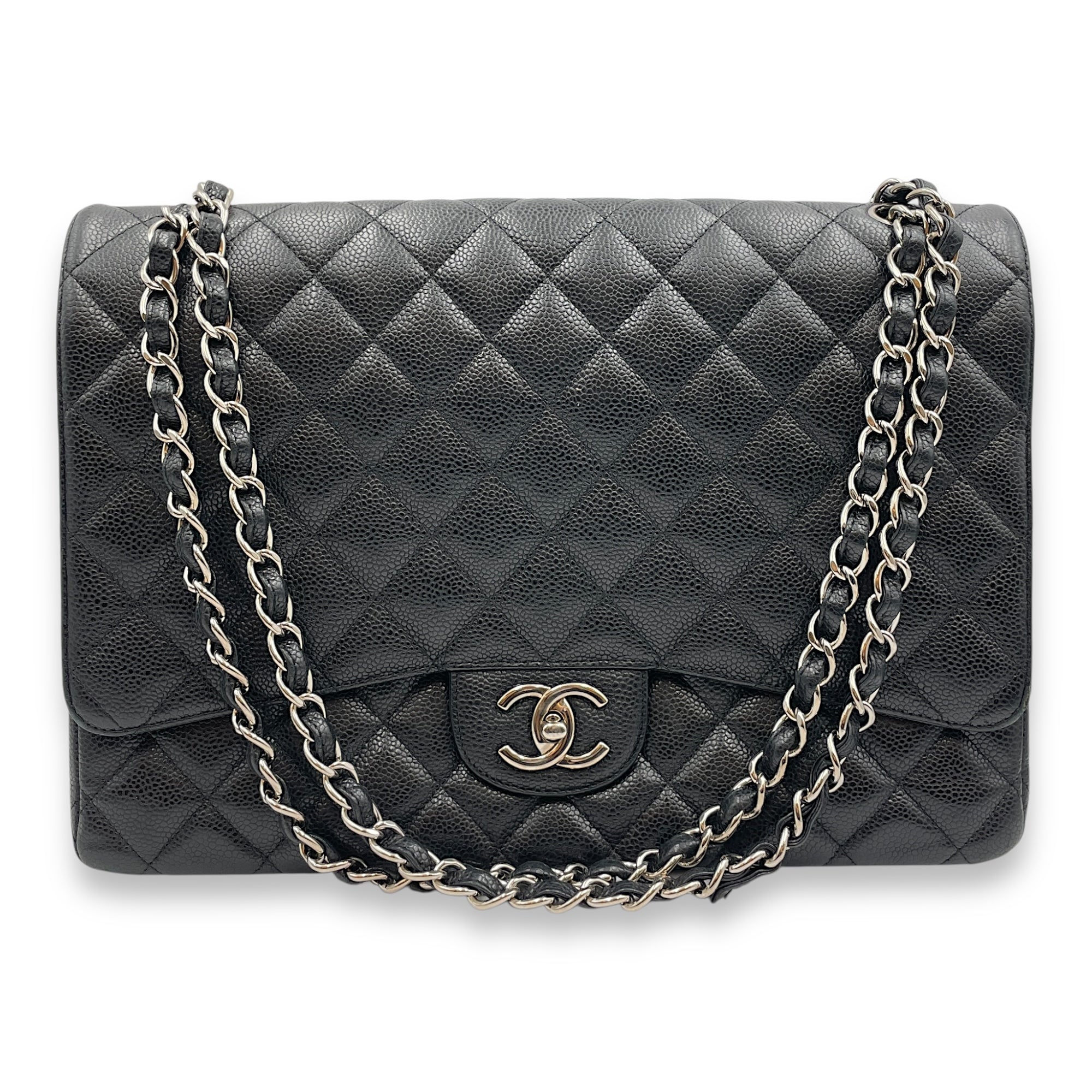 Quilted CC Classic Maxi Black Double Flap Bag in Caviar Leather, Silver hardware