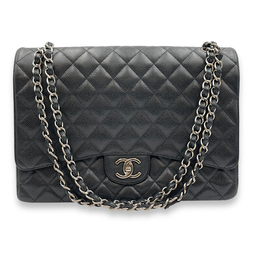Quilted CC Classic Maxi Black Double Flap Bag in Caviar Leather, Silver hardware