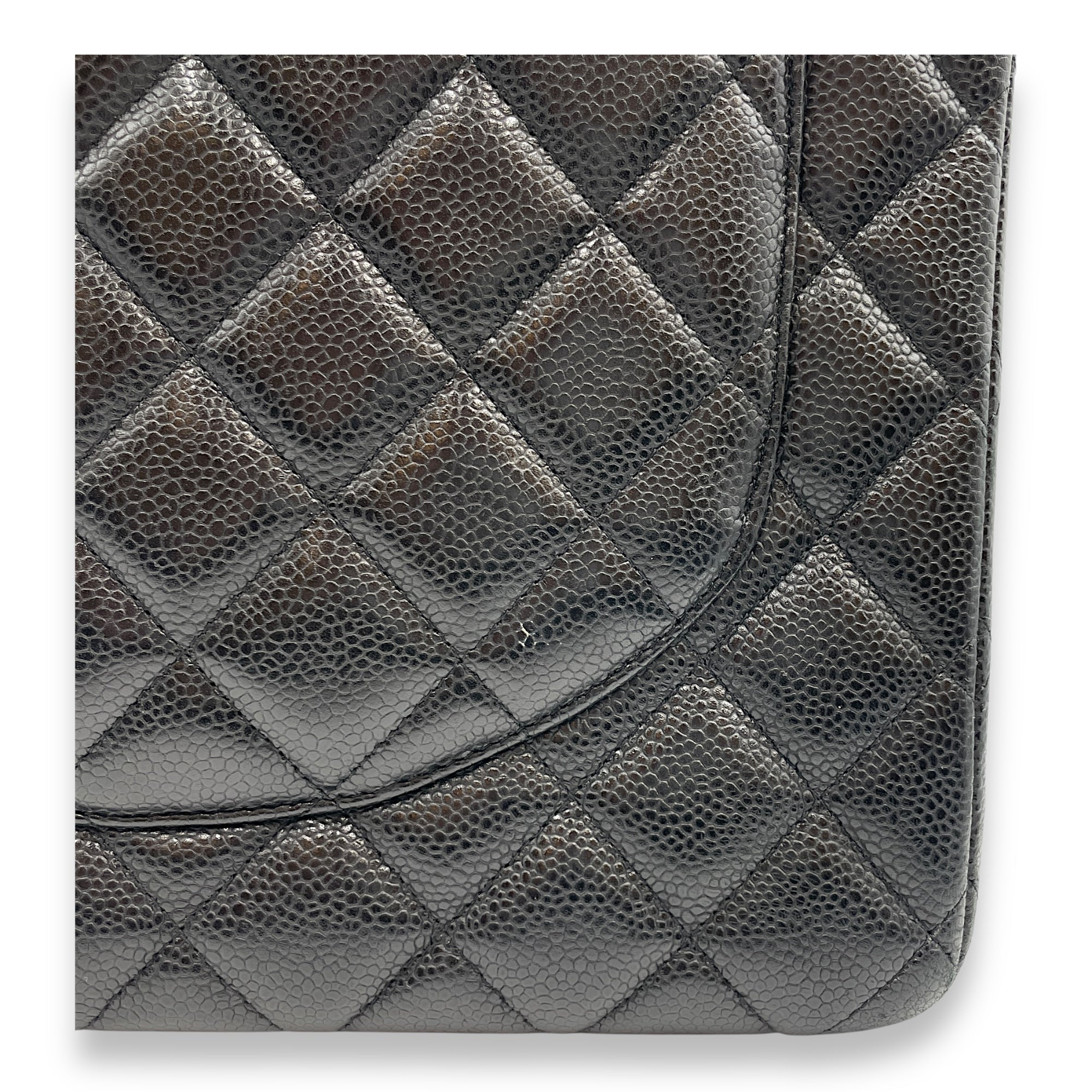 Quilted CC Classic Maxi Black Double Flap Bag in Caviar Leather, Silver hardware