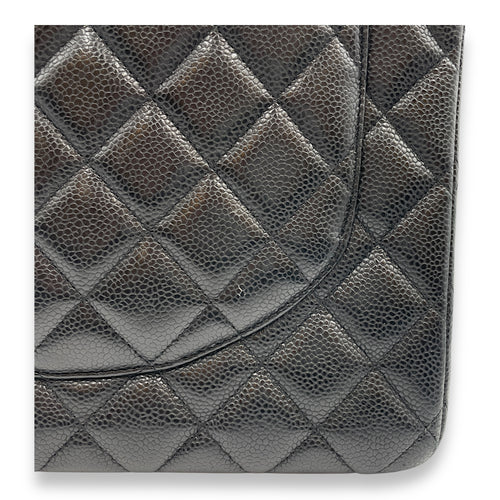 Quilted CC Classic Maxi Black Double Flap Bag in Caviar Leather, Silver hardware