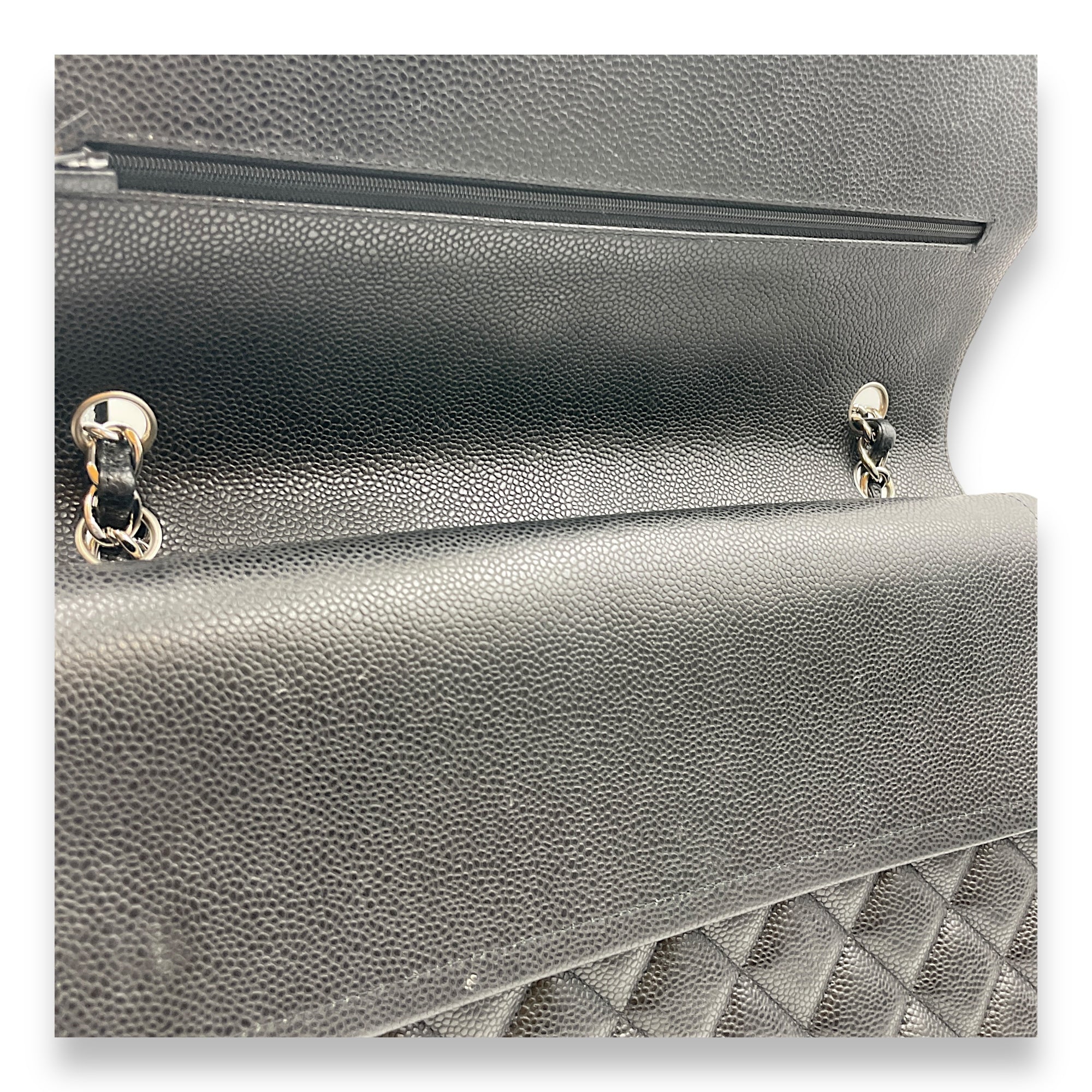 Quilted CC Classic Maxi Black Double Flap Bag in Caviar Leather, Silver hardware