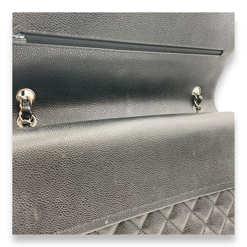 Quilted CC Classic Maxi Black Double Flap Bag in Caviar Leather, Silver hardware