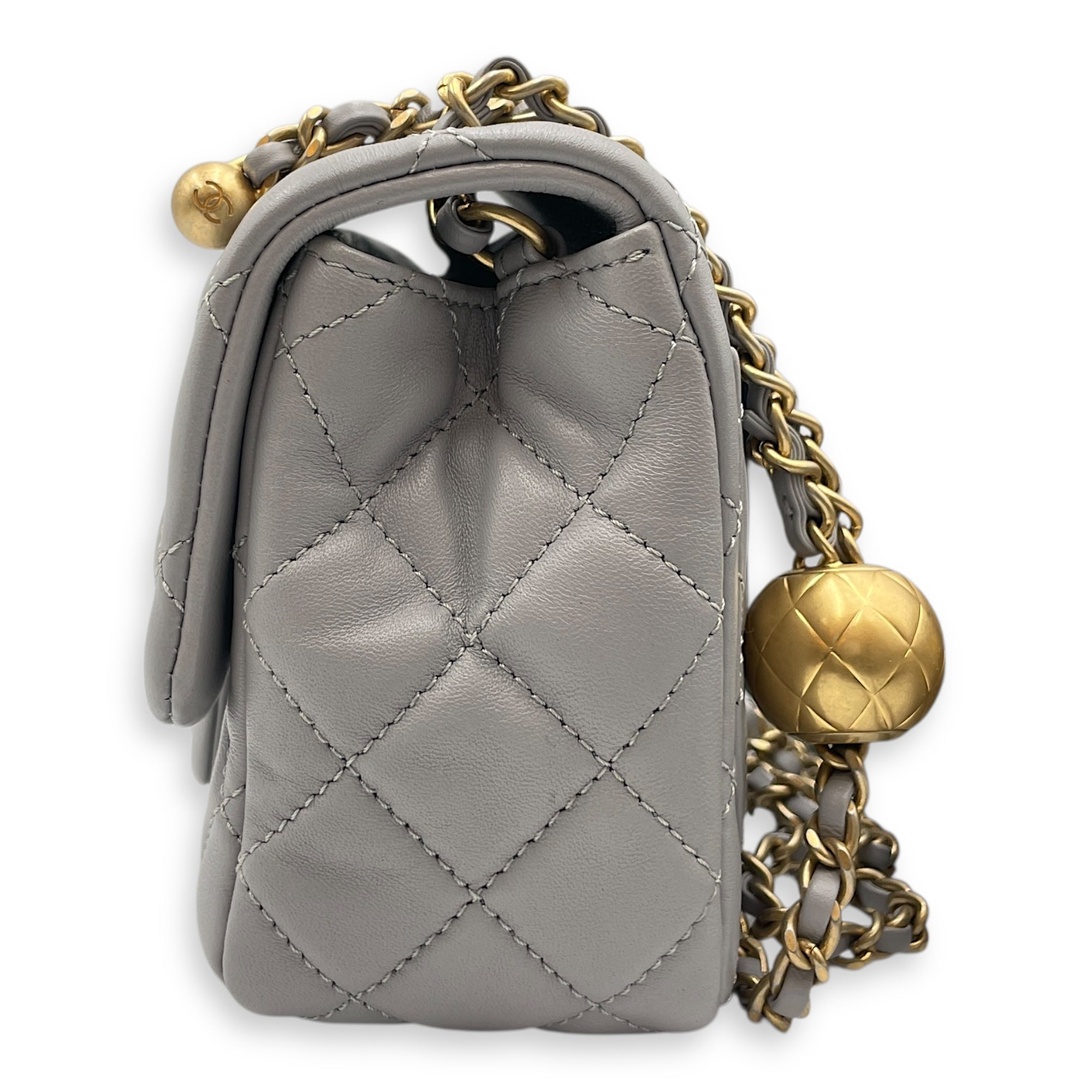 Quilted Pearl Crush Square Mini Grey Flap Bag with Adjustable Chain Strap in Lambskin, Brushed Gold hardware