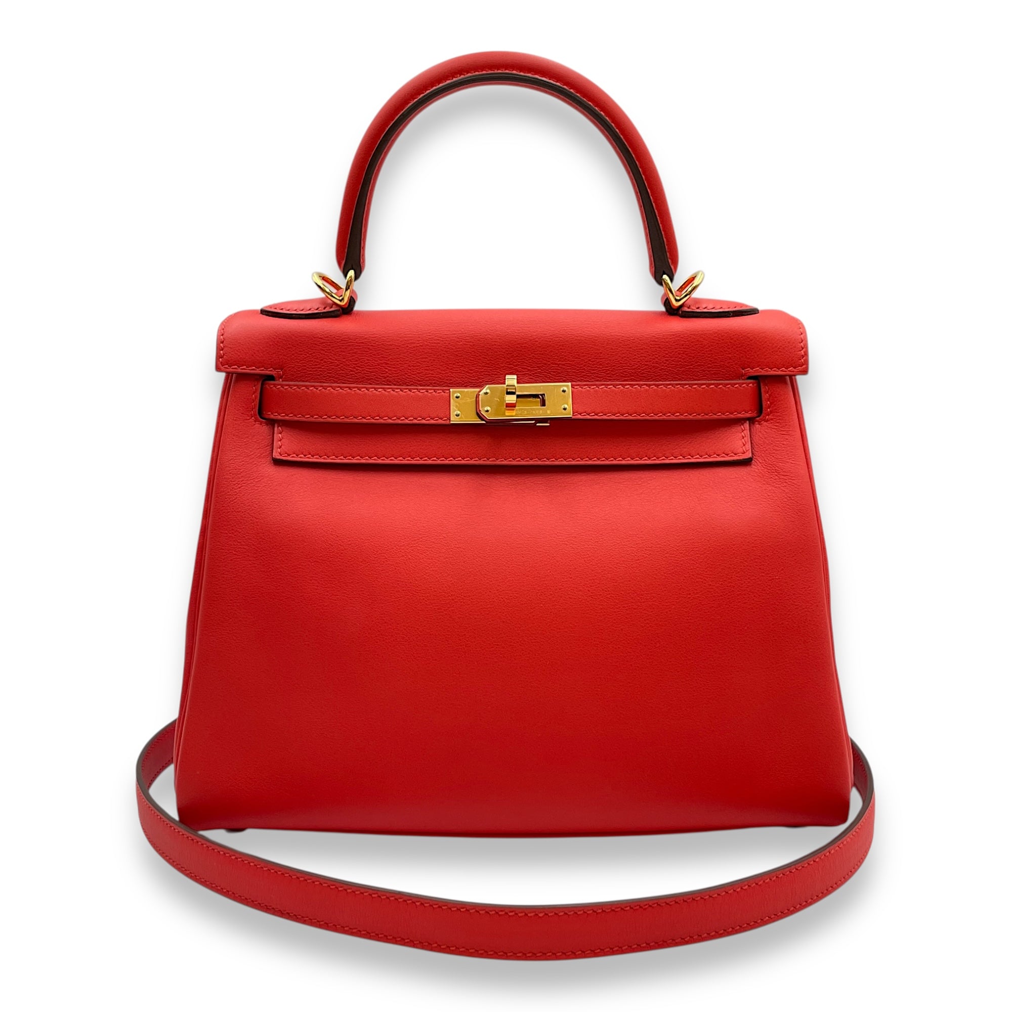 Kelly 25 Rouge Tomate in Swift, Gold hardware
