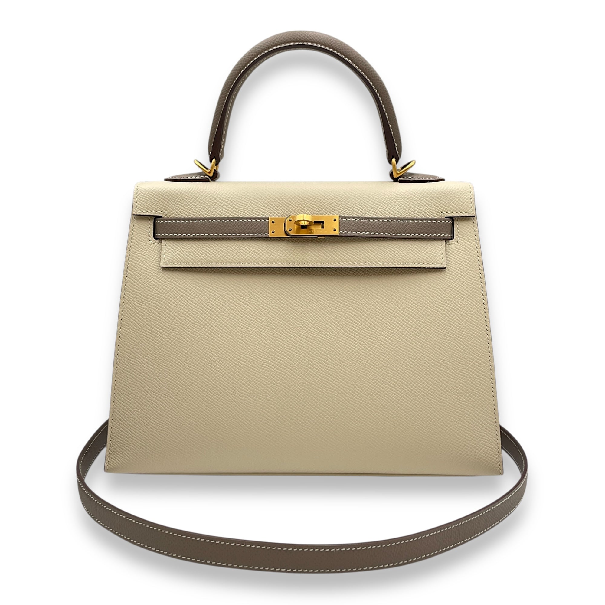 HSS Sellier Kelly 25 Craie/Gris Asphalt in Epsom, Brushed Gold hardware