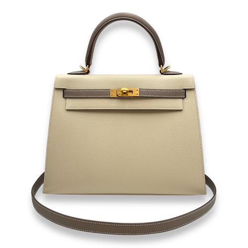 HSS Sellier Kelly 25 Craie/Gris Asphalt in Epsom, Brushed Gold hardware