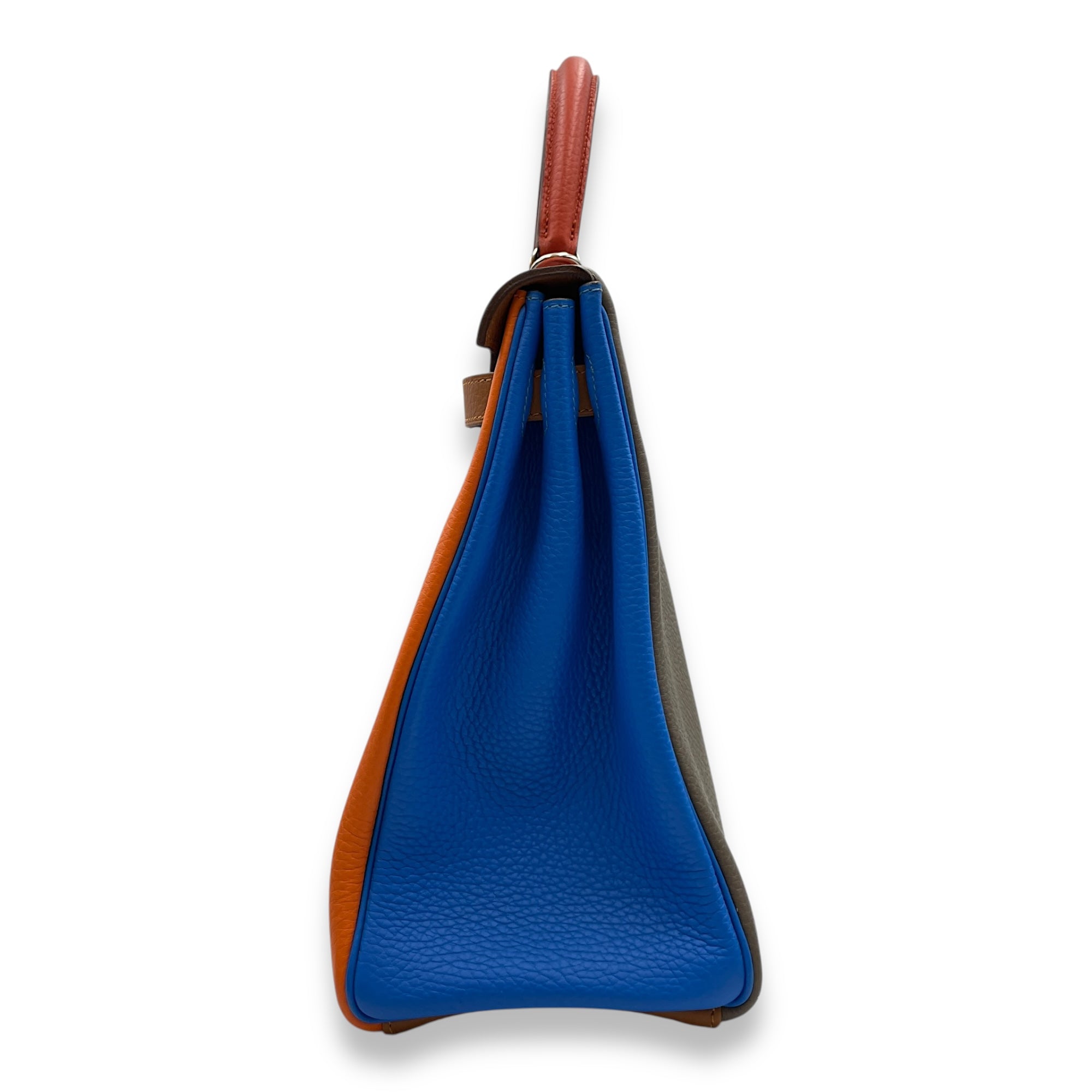 Kelly Arlequin 35 Orange/Etain/Gold/Blue in Clemence, Palladium hardware