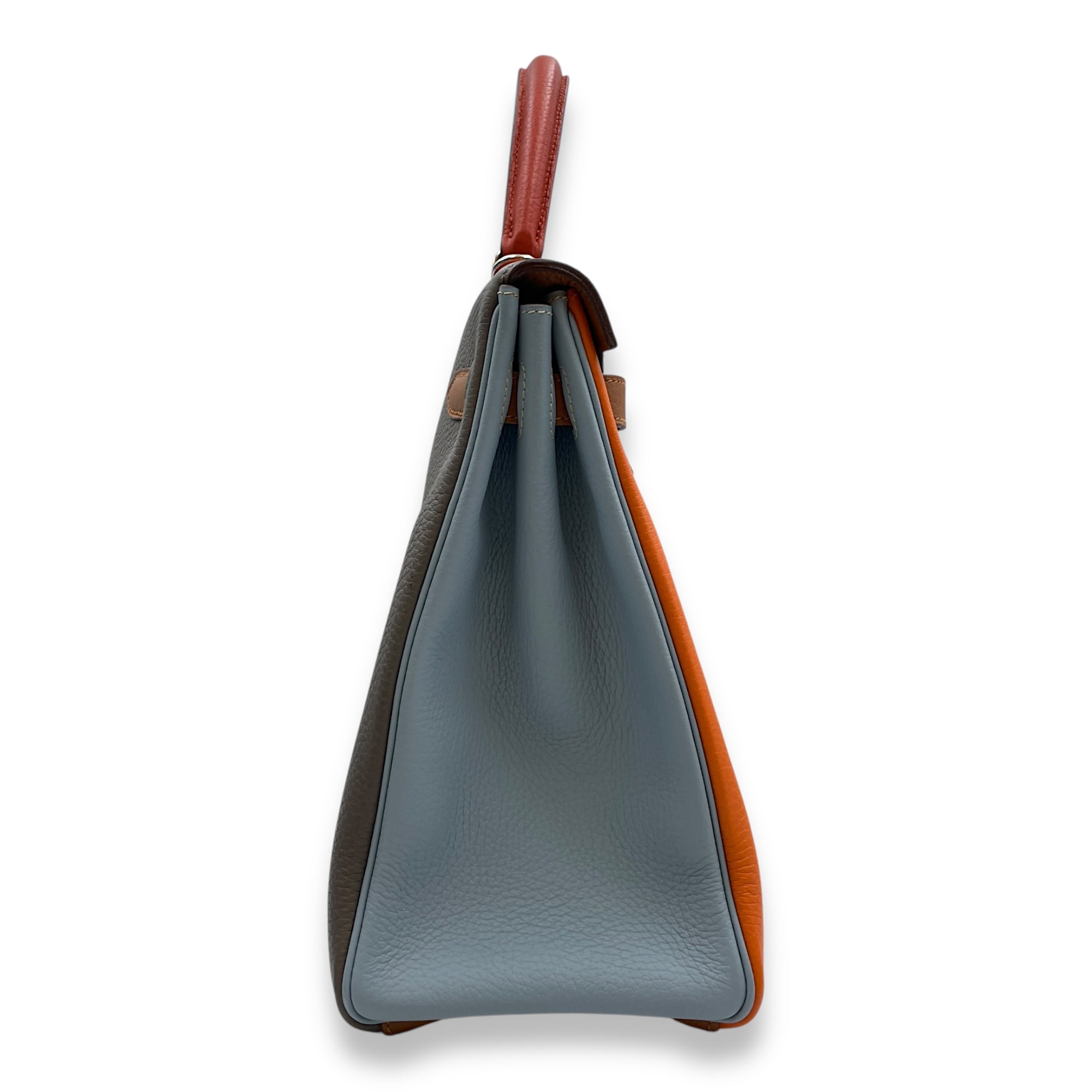 Kelly Arlequin 35 Orange/Etain/Gold/Blue in Clemence, Palladium hardware