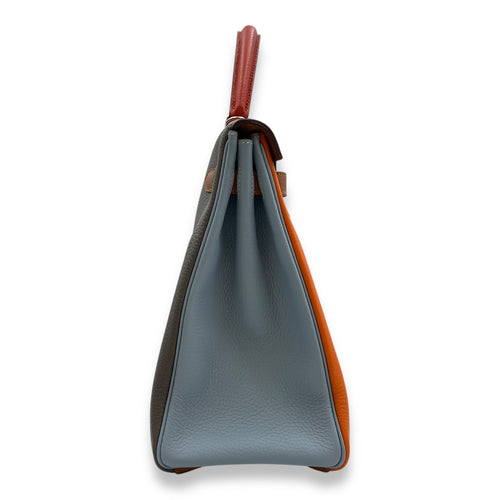 Kelly Arlequin 35 Orange/Etain/Gold/Blue in Clemence, Palladium hardware