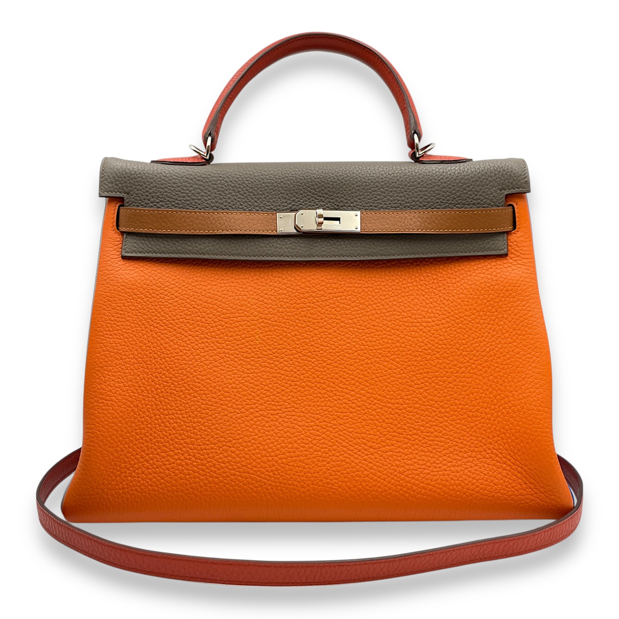 Kelly Arlequin 35 Orange/Etain/Gold/Blue in Clemence, Palladium hardware