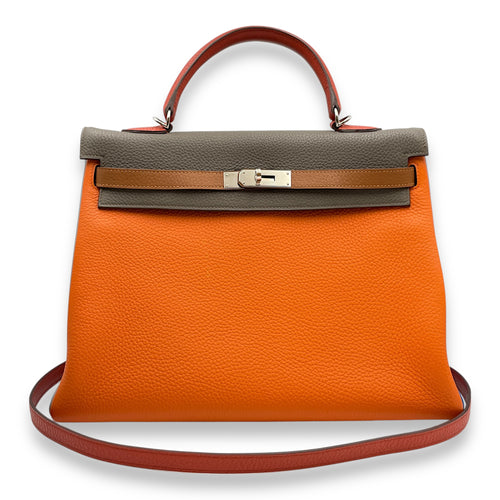 Kelly Arlequin 35 Orange/Etain/Gold/Blue in Clemence, Palladium hardware