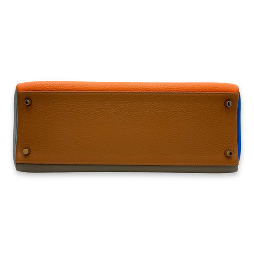 Kelly Arlequin 35 Orange/Etain/Gold/Blue in Clemence, Palladium hardware