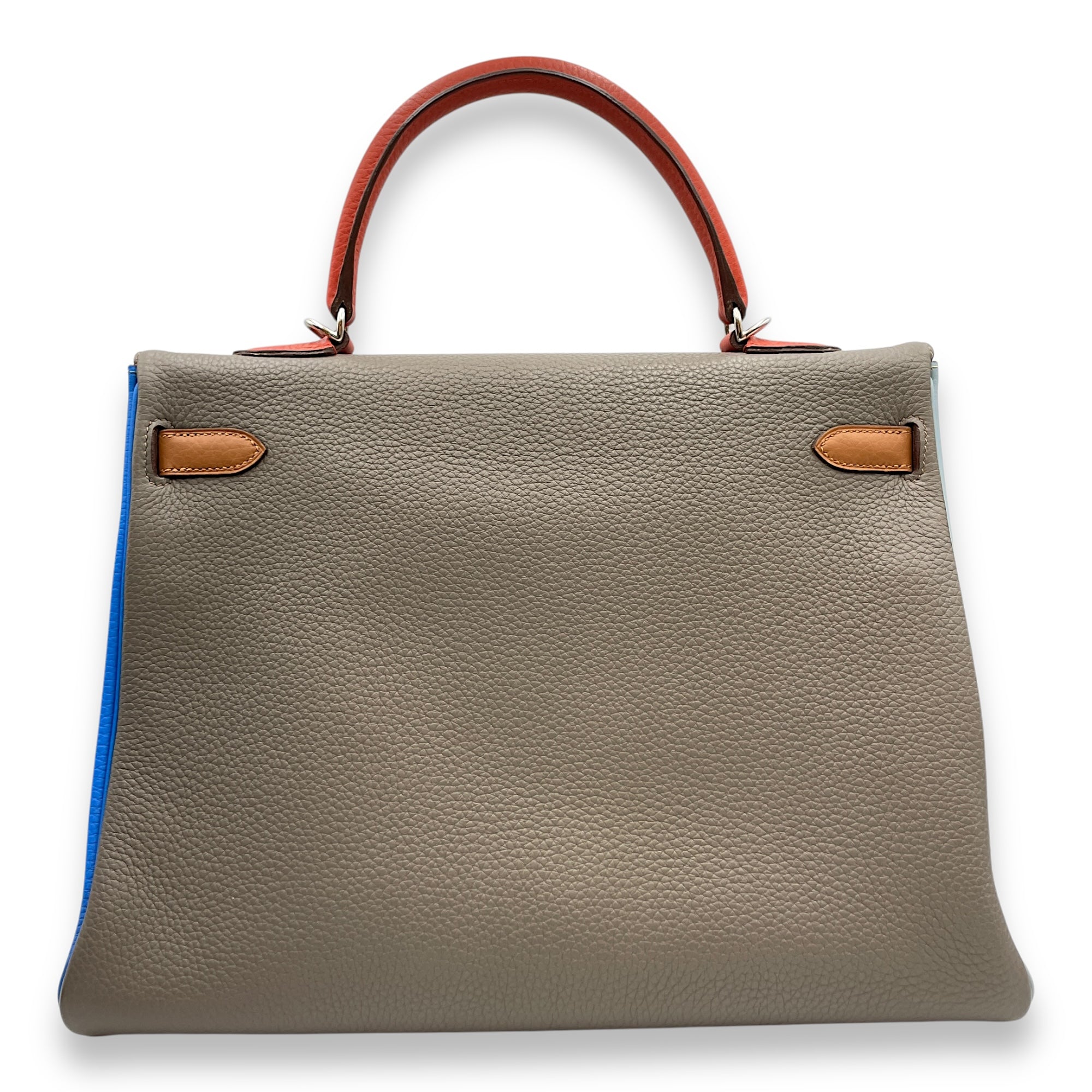 Kelly Arlequin 35 Orange/Etain/Gold/Blue in Clemence, Palladium hardware