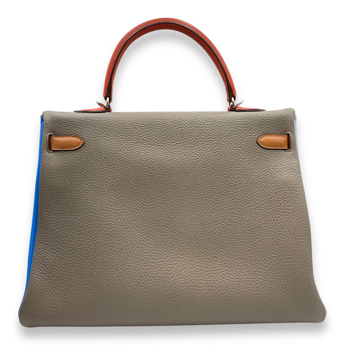 Kelly Arlequin 35 Orange/Etain/Gold/Blue in Clemence, Palladium hardware