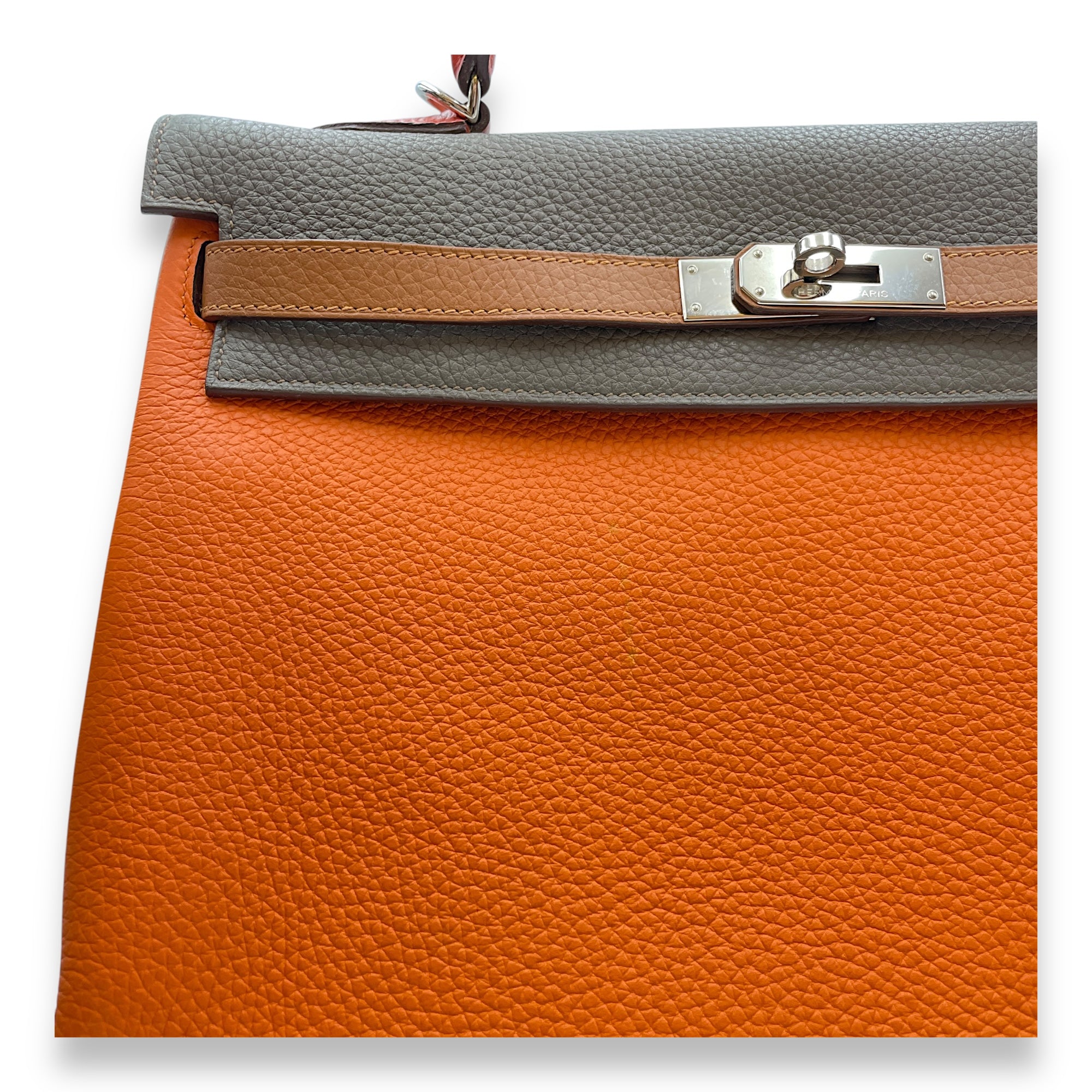 Kelly Arlequin 35 Orange/Etain/Gold/Blue in Clemence, Palladium hardware