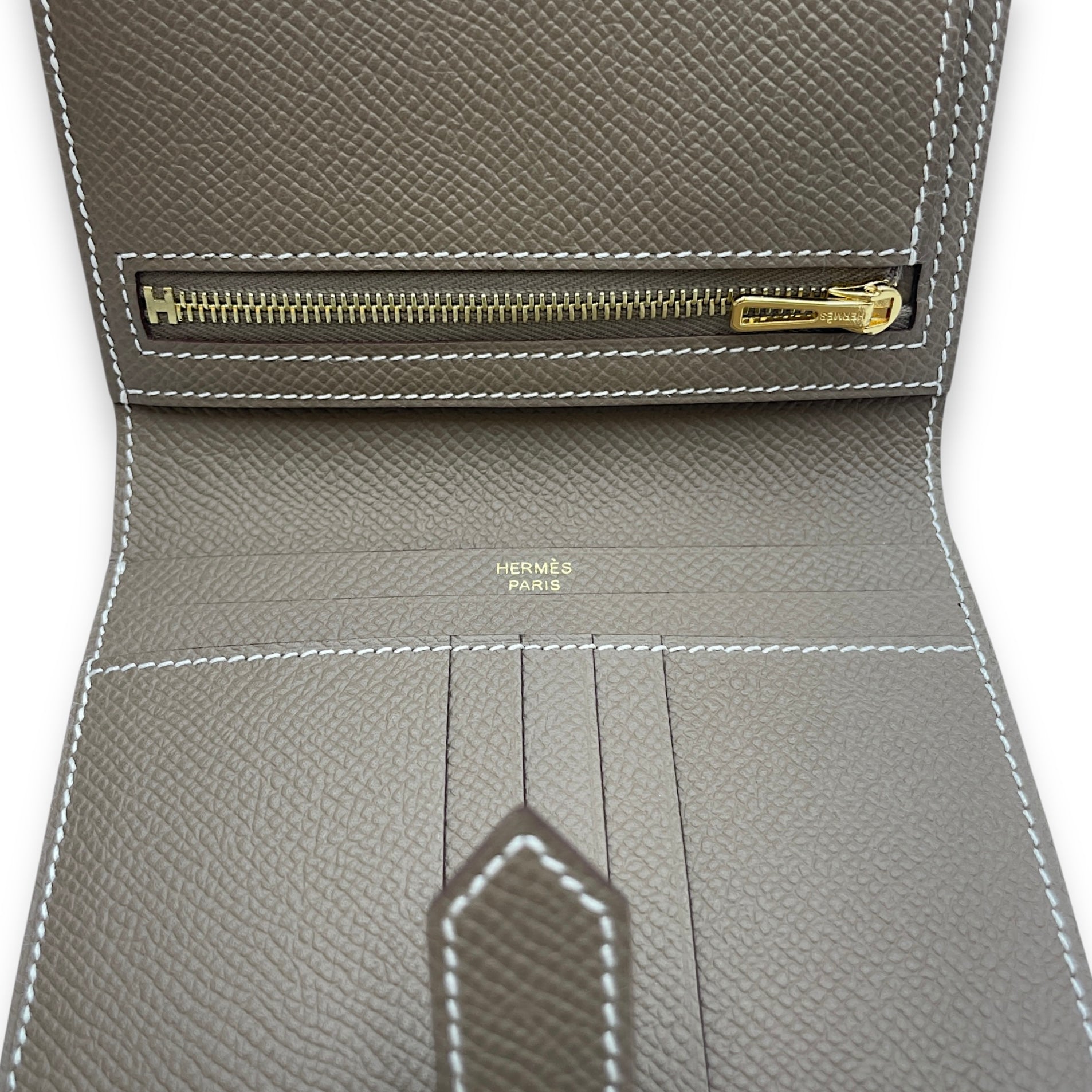 Bearn Etoupe Compact Wallet in Epsom, Gold hardware