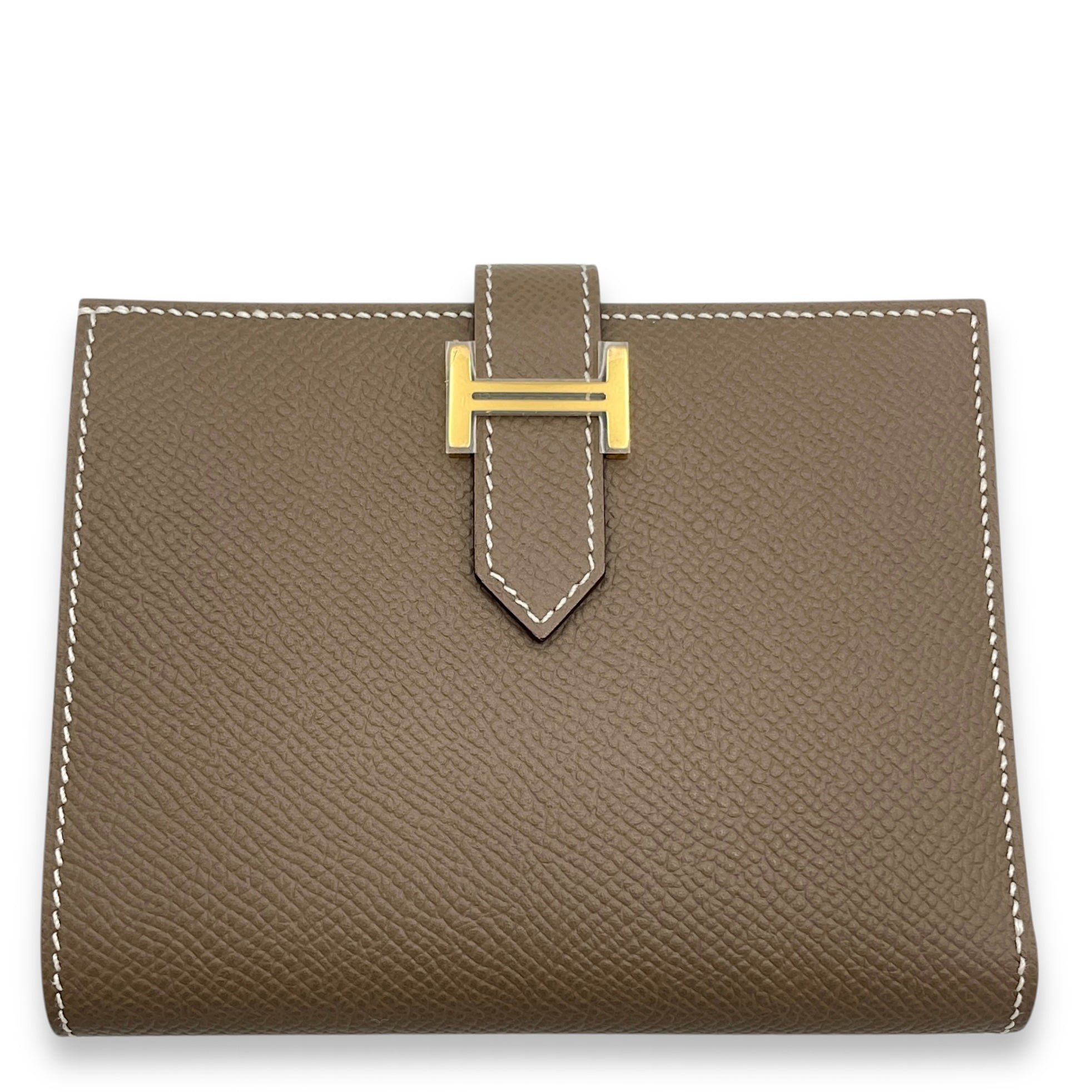 Bearn Etoupe Compact Wallet in Epsom, Gold hardware