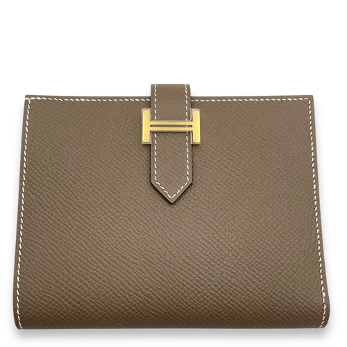 Bearn Etoupe Compact Wallet in Epsom, Gold hardware