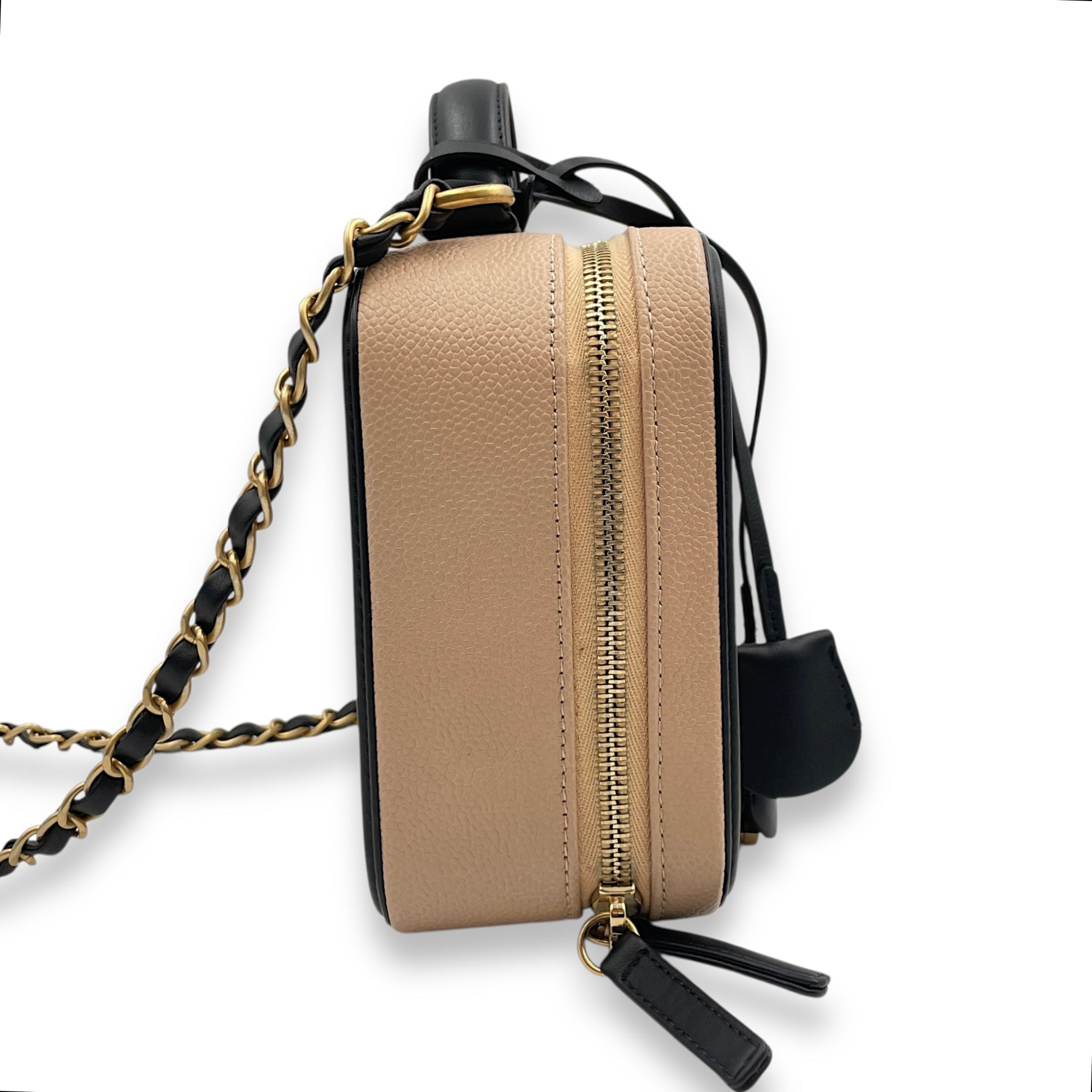 Filigree Small Beige Vanity Case with Strap in Caviar Leather, Gold hardware