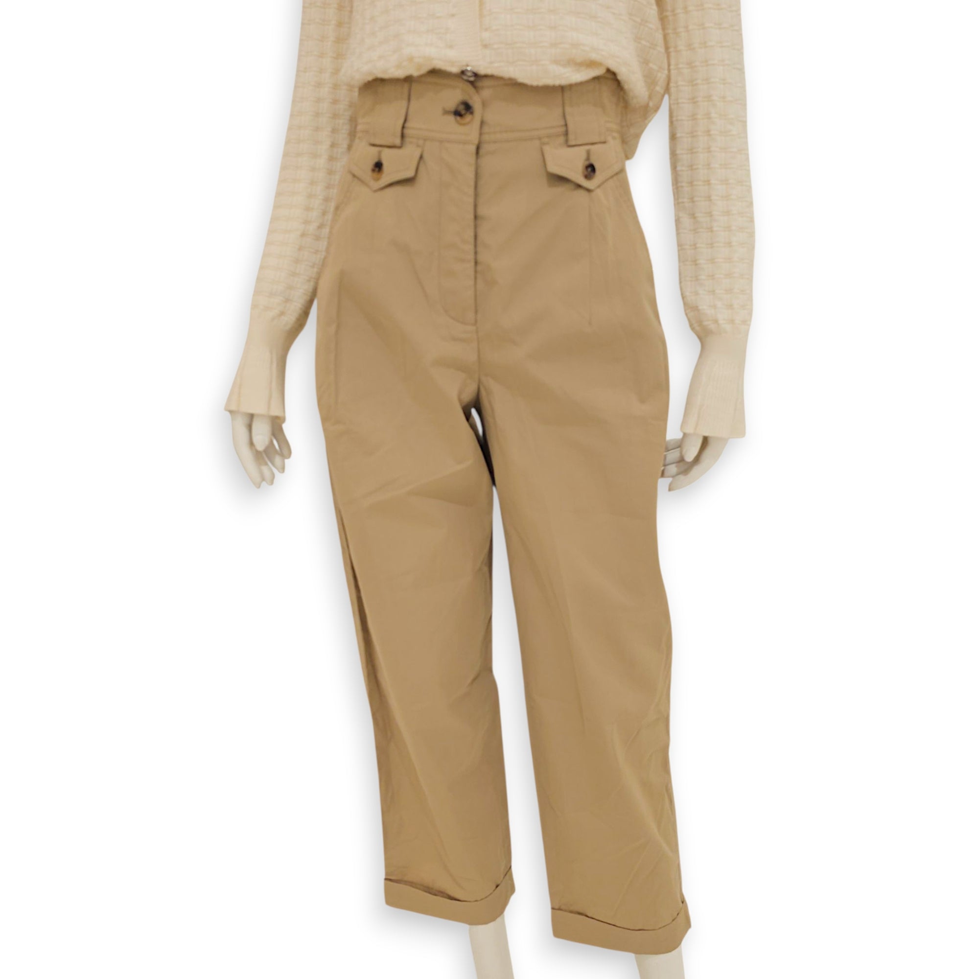 Pleated Cuffed Trousers 34 Light Brown Ready-To-Wear in Cotton