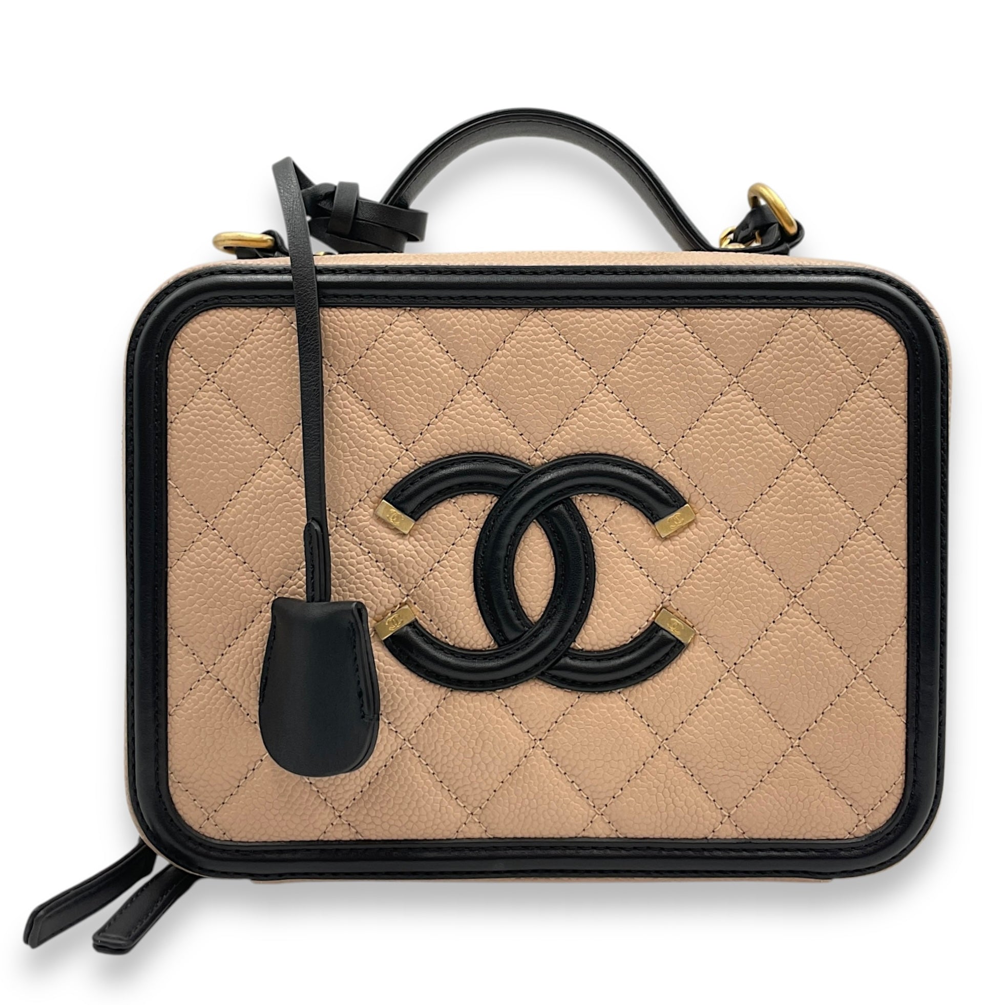 Filigree Small Beige Vanity Case with Strap in Caviar Leather, Gold hardware