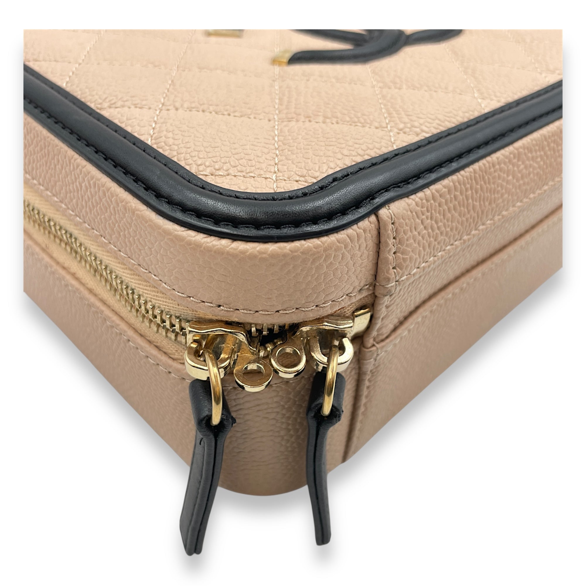Filigree Small Beige Vanity Case with Strap in Caviar Leather, Gold hardware