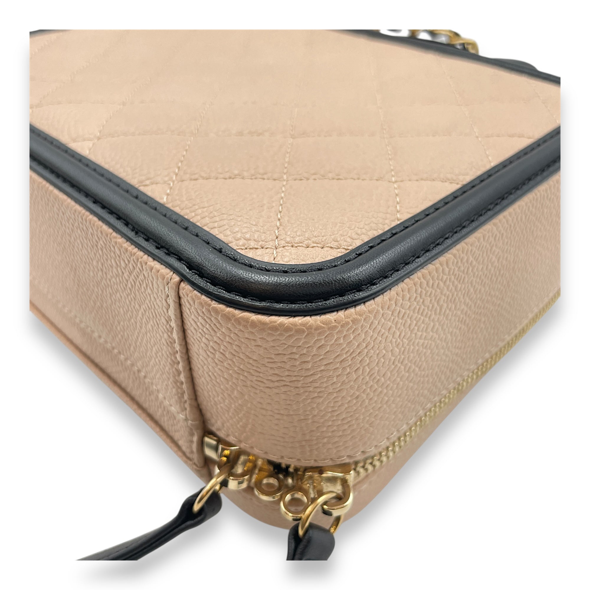 Filigree Small Beige Vanity Case with Strap in Caviar Leather, Gold hardware