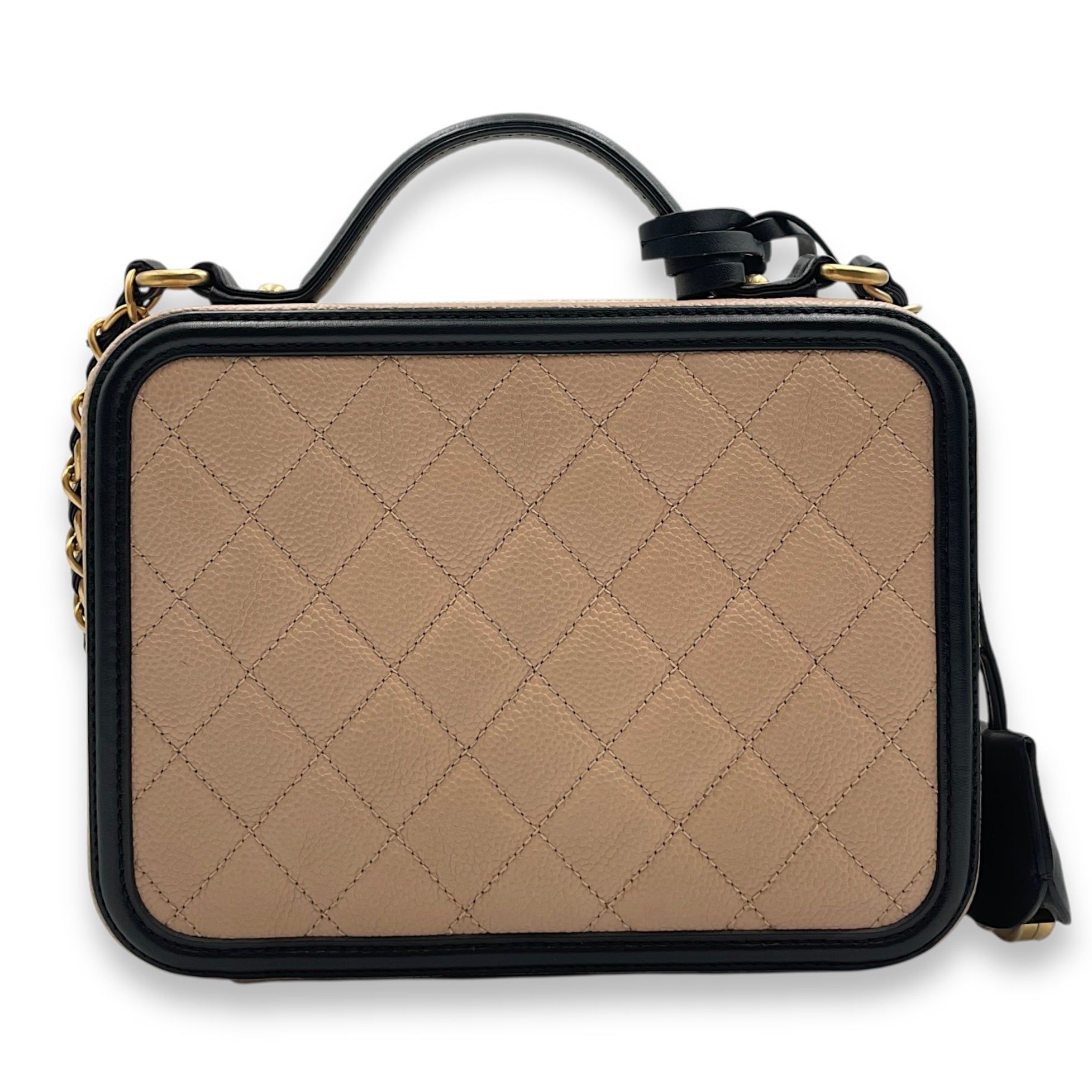 Filigree Small Beige Vanity Case with Strap in Caviar Leather, Gold hardware