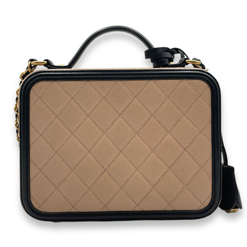 Filigree Small Beige Vanity Case with Strap in Caviar Leather, Gold hardware