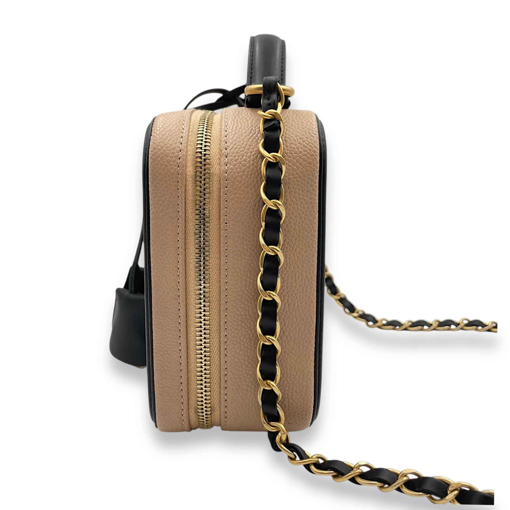 Filigree Small Beige Vanity Case with Strap in Caviar Leather, Gold hardware