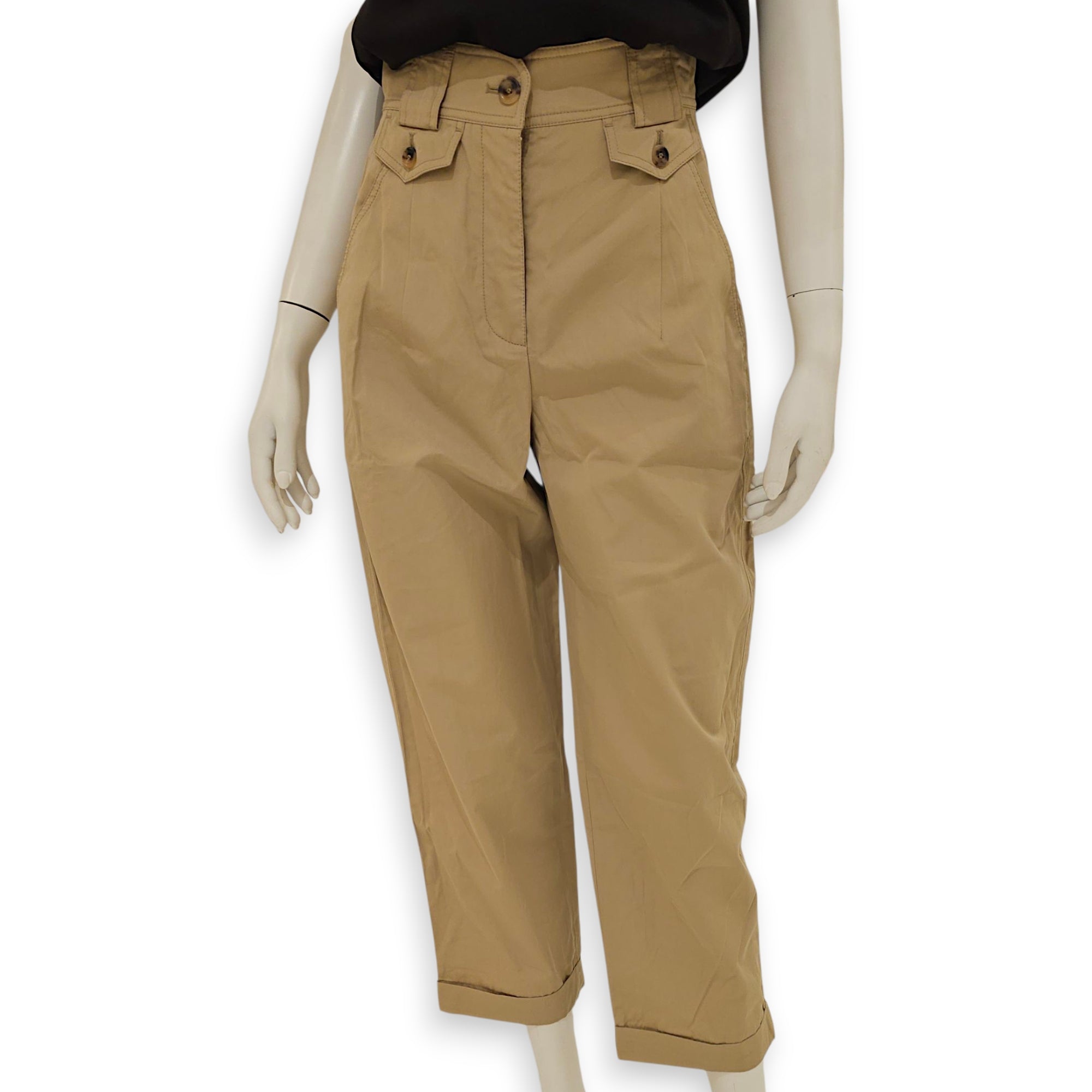 Pleated Cuffed Trousers 34 Light Brown Ready-To-Wear in Cotton