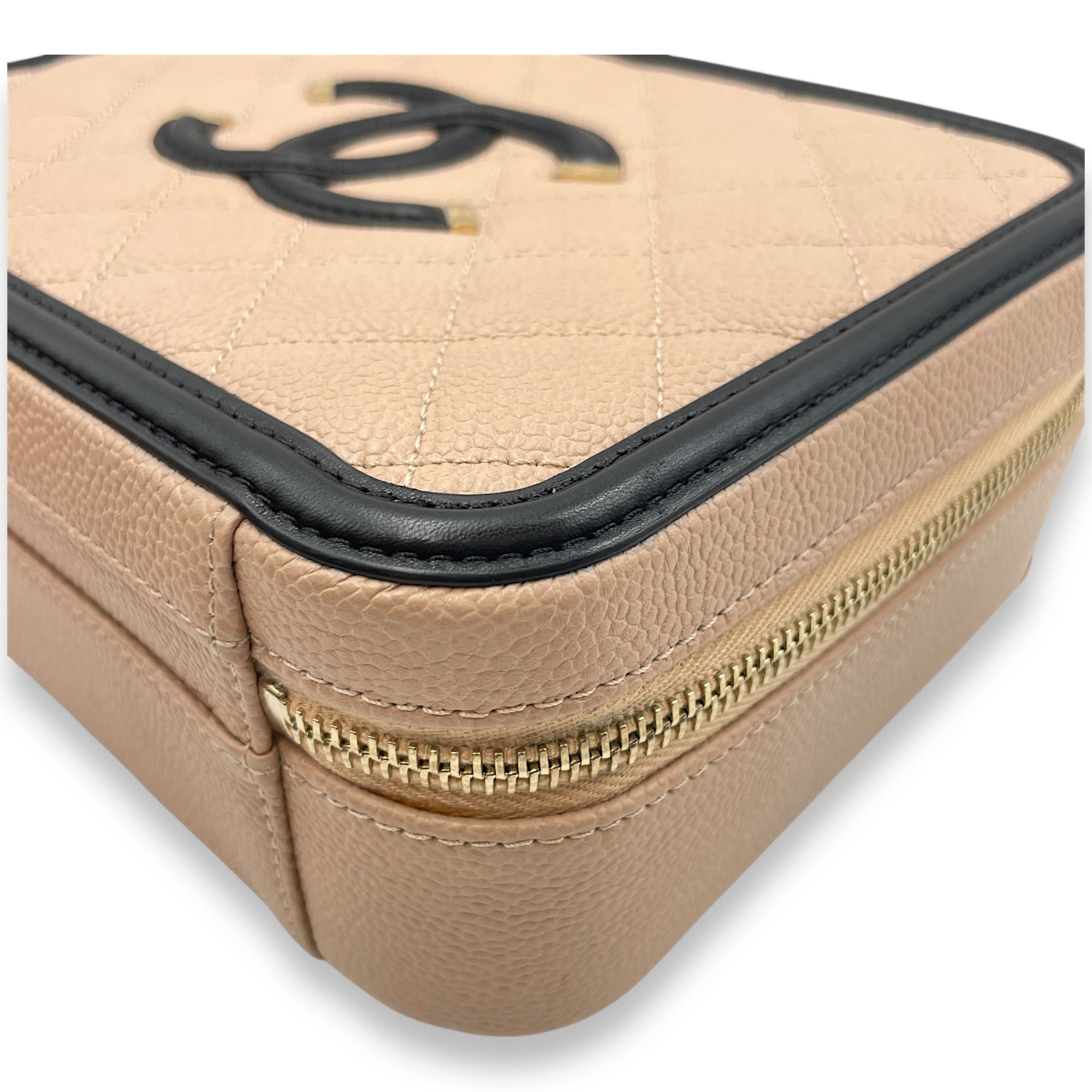 Filigree Small Beige Vanity Case with Strap in Caviar Leather, Gold hardware