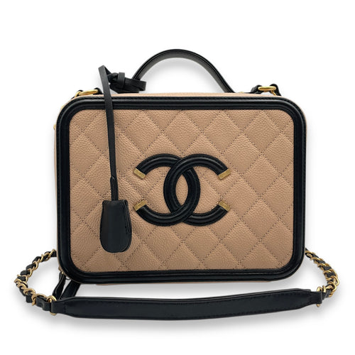 Filigree Small Beige Vanity Case with Strap in Caviar Leather, Gold hardware