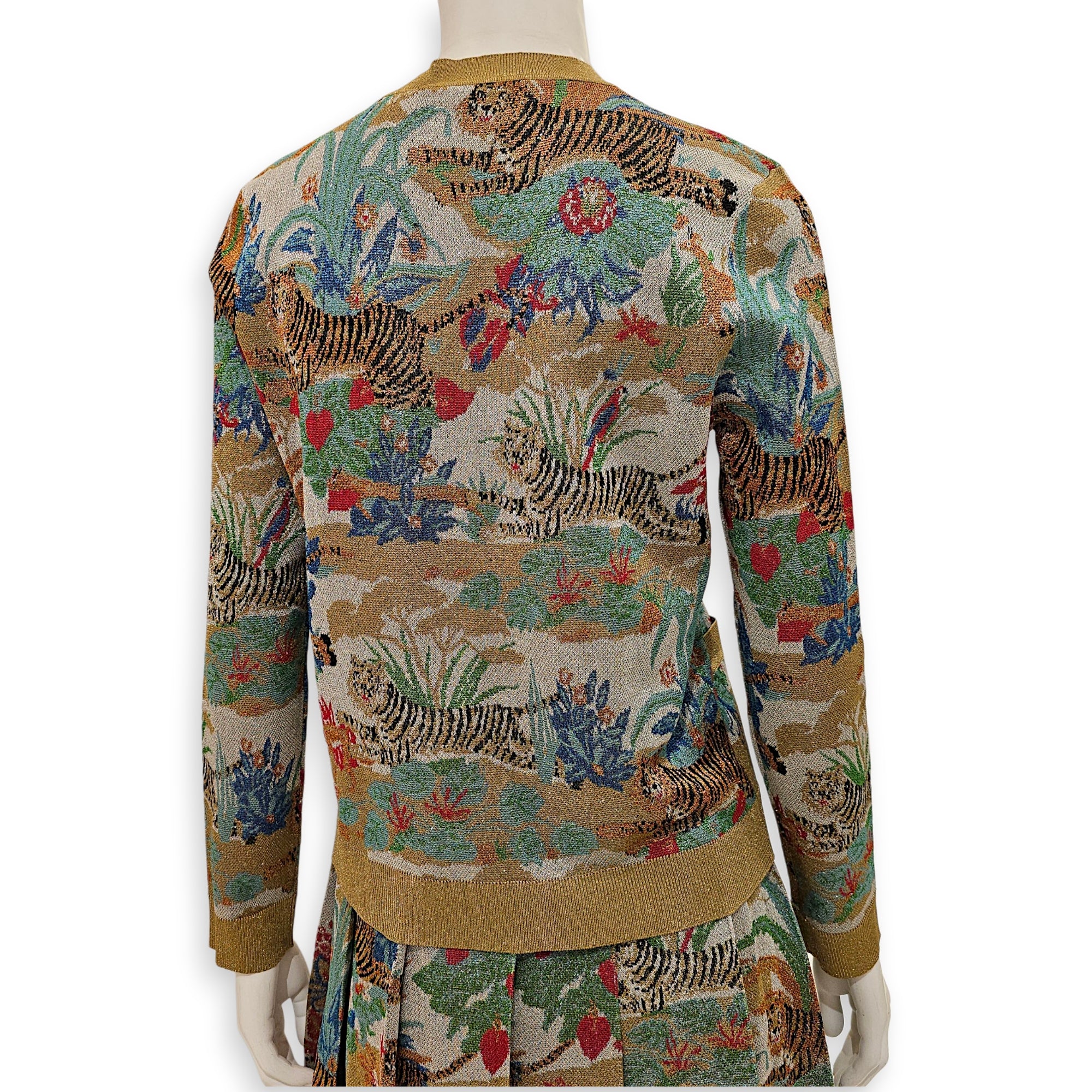 Oriental Tiger Metallic Jacquard Cardigan Small Green Ready-To-Wear in Viscose, Gold hardware