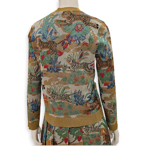 Oriental Tiger Metallic Jacquard Cardigan Small Green Ready-To-Wear in Viscose, Gold hardware