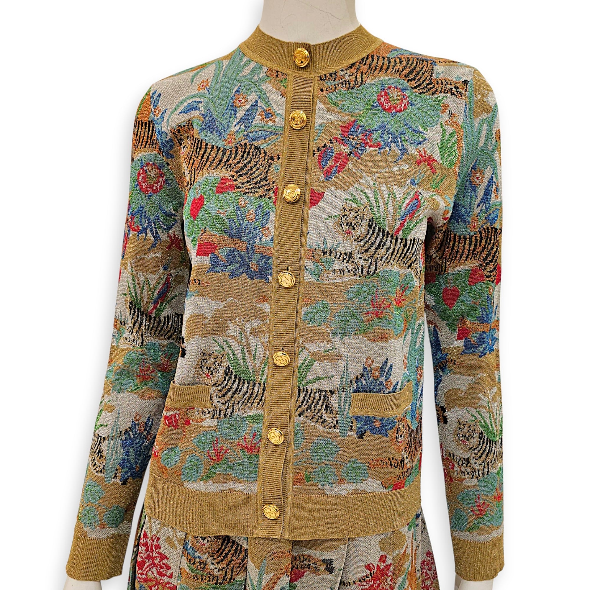 Oriental Tiger Metallic Jacquard Cardigan Small Green Ready-To-Wear in Viscose, Gold hardware