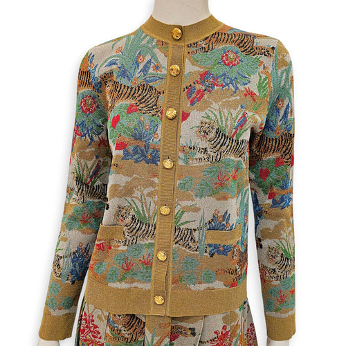 Oriental Tiger Metallic Jacquard Cardigan Small Green Ready-To-Wear in Viscose, Gold hardware