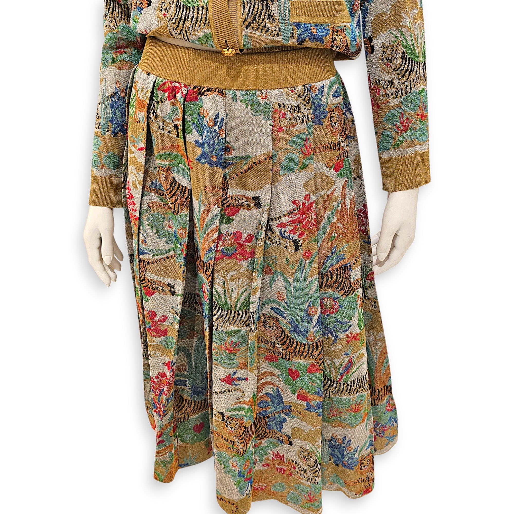 Metallic Tiger Jacquard Pleated Skirt XS Green Ready-To-Wear in Viscose
