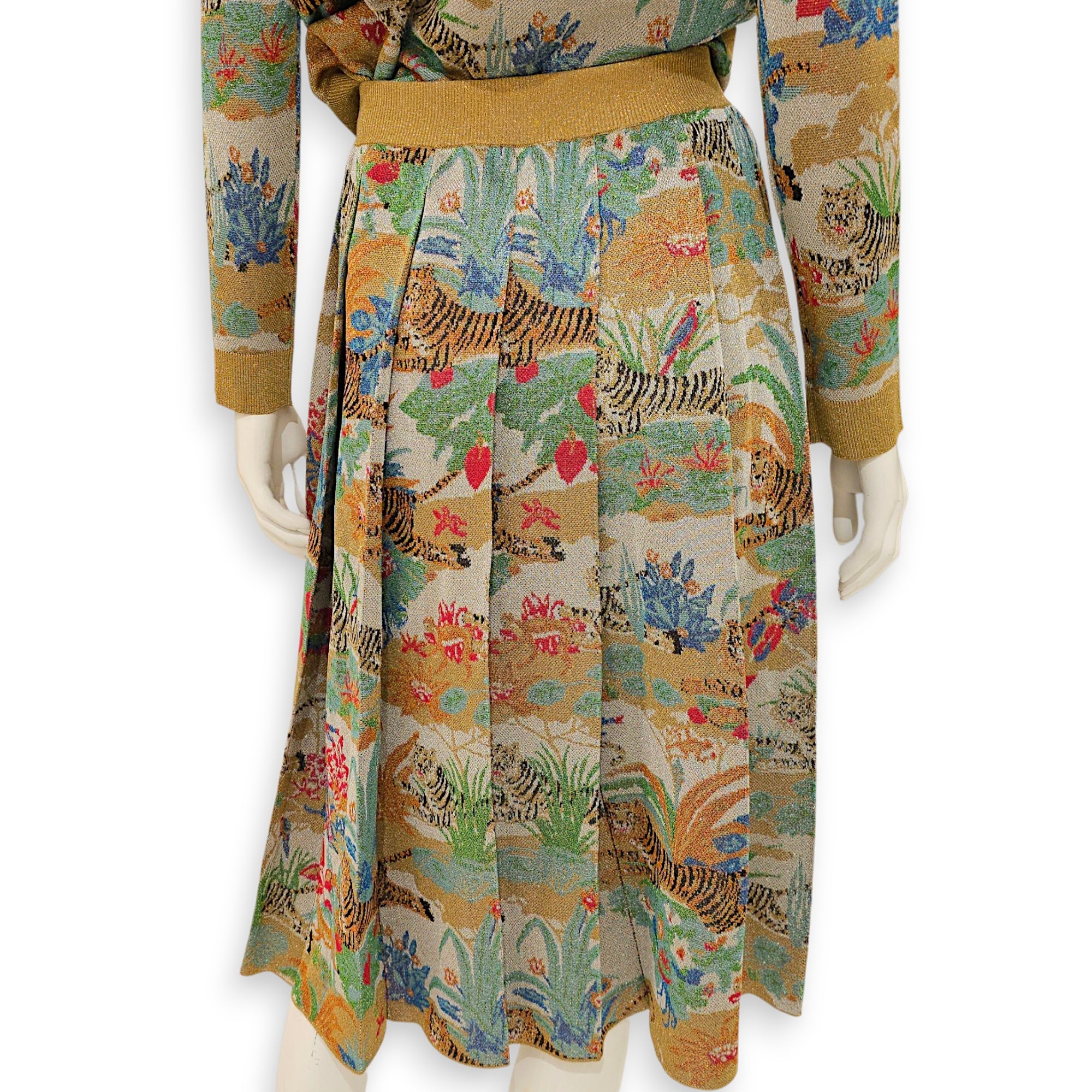 Metallic Tiger Jacquard Pleated Skirt XS Green Ready-To-Wear in Viscose